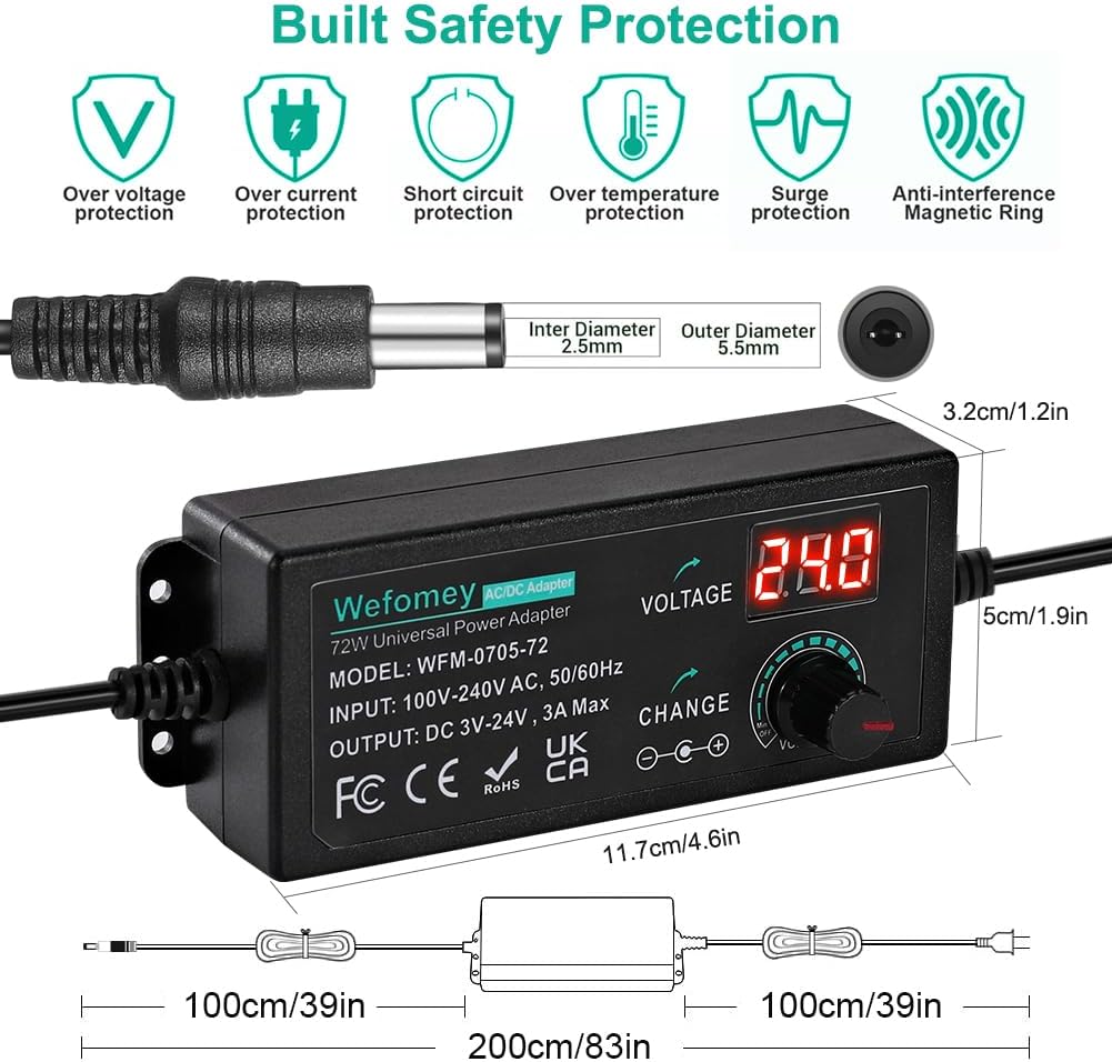 Universal Power Supply 3V~24V 3A 72W Adjustable Variable AC/DC Adapter Charger, 100V-240V AC to DC Converter with LED Voltage Display & 14 Tips & Polarity Converter & Test Lead - Image 5