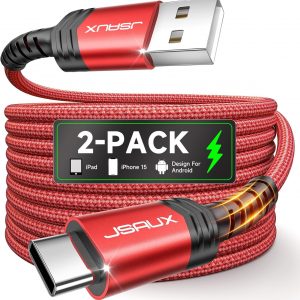 JSAUX USB C Cable [2-Pack 10ft], USB A to USB Cord Fast Charging for iPhone 17, iPhone Air, iPhone 17 Pro, iPhone 17 Pro Max, iPhone 16/iPhone 15 Series, Samsung S20 S10, Note 20 10, Car Play – Red