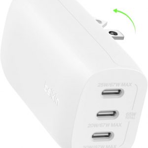 Belkin 3-Port USB C Charger Block 67W – PPS, USB-C PD3.1 Super Fast Charging Charger – Samsung Galaxy S25, Apple iPhone 17, Air, Pro, MacBook, AirPods, Apple Watch, Nintendo Switch 2 & More – White