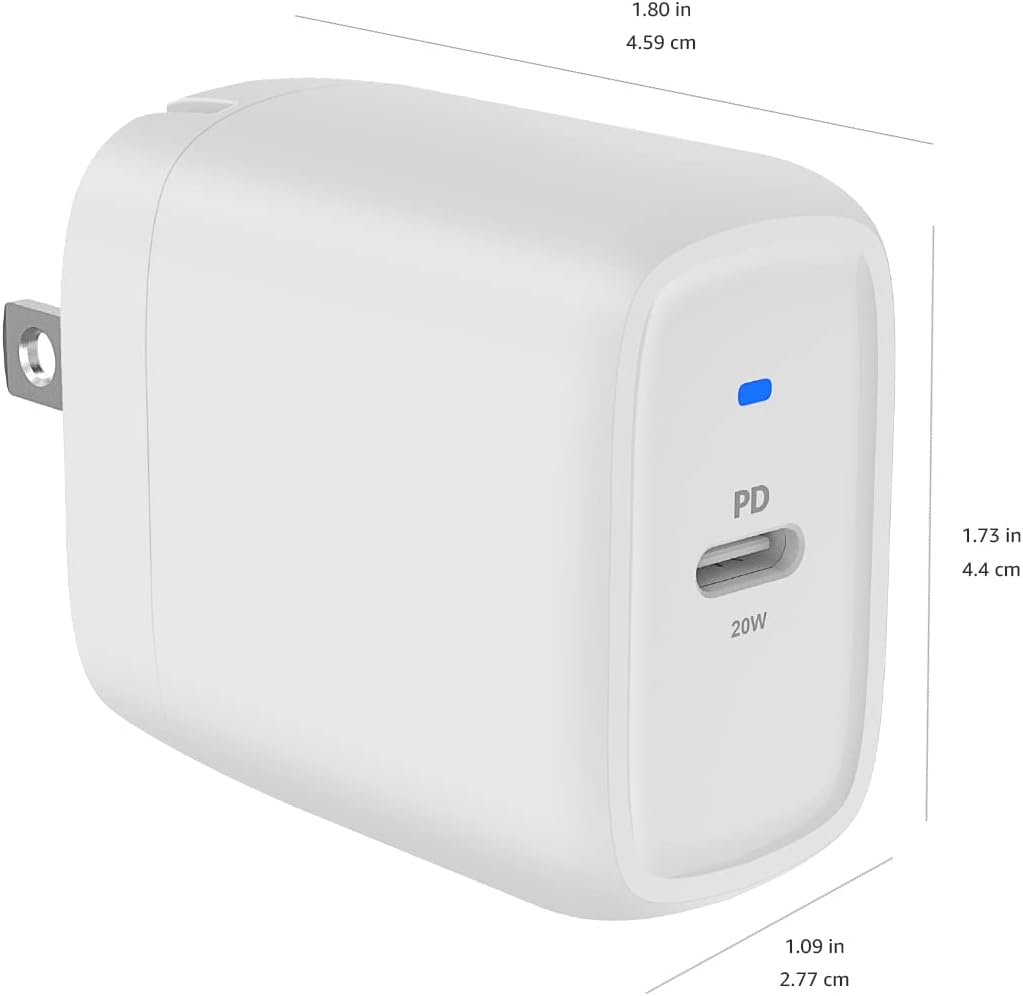 Amazon Basics 20W One-Port USB-C Wall Charger with Power Delivery PD for Tablets & Phones (iPhone 16/15/14/13/12/11/X, iPad, Samsung, and more), non-PPS, 1.81 x 1.73 x 1.09 inches, White - Image 5