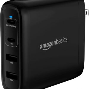 Amazon Basics 100W Four-Port GaN Wall Charger w/ 2 USB-C (100W,18W) & 2 USB-A Ports (12W) w/PD for Laptops, Tablets & Phones (iPhone 16/15/14/13/12/11/X, iPad, Mac, Samsung, and More), Non-PPS, Black