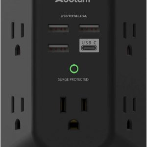 USB Wall Charger Surge Protector – Addtam 5 Outlet Extender with 4 USB Charging Ports (1 USB C), 3-Sided 1800J Power Strip Multi Plug Outlets Adapter Widely Spaced,Black