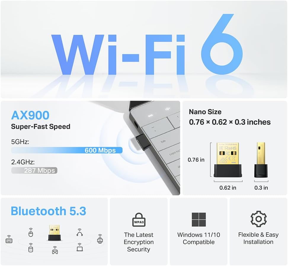 TP-Link 2-in-1 USB Bluetooth WiFi Adapter Archer TX10UB Nano | AX900 WiFi 6 BT 5.3 USB 2.0 Adapter for Desktop PC | Dual-Band WiFi Dongle | OFDMA, MU-MIMO, WPA3 | Travel Size | Supports Windows 11,10 - Image 2