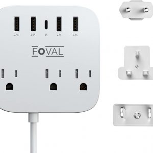 European Travel Plug Adapter, FOVAL EU UK US Power Strip with USB C and 4 USB Ports, 3 AC Outlets, Wall Mountable, 5ft Extension Cord, Compact for Travel, Cruise Ship, Home Office (White)