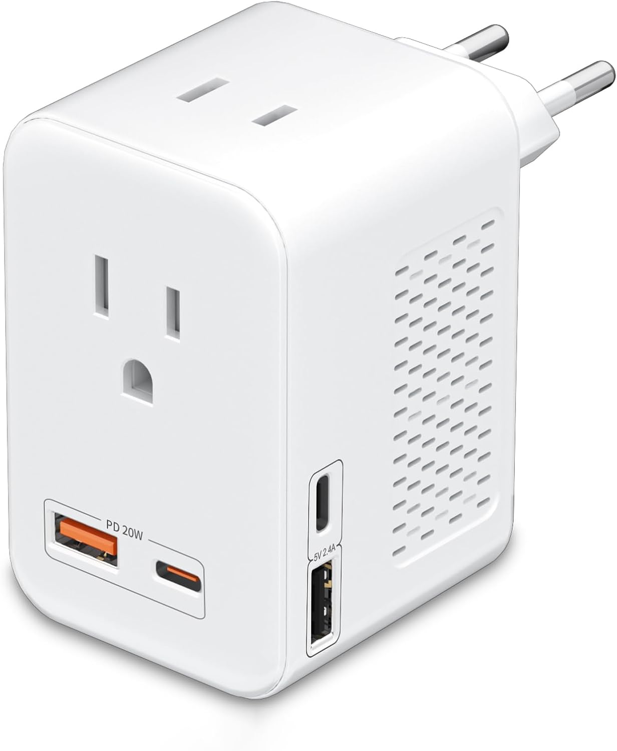 SARQW 220V to 110V Voltage Conversion Plug Adapter for Traveling from USA to Europe with 2 USB and 2 USBC Ports PD 20 W, 2 AC Outlets International Power Adapter