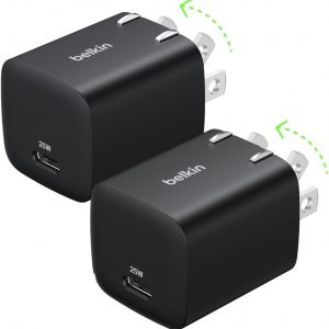 Belkin USB C Charger Block 25W (2 Pack) – PD3.0 PPS Super Fast Charging – Samsung Galaxy S25, S24, Apple iPhone 17, Air, Pro, Pro Max, AirPods, Apple Watch, Google Pixel 10, Nintendo Switch – Black