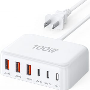 USB C Fast Charger, 100W GaN 6 Port Type USB C Charging Station Hub Block Cube, USB C Wall Charger Power Strip Adapter Plug for iPad iPhone 17 16 15 14 13 12 Pro Max Pixel Note Galaxy, 5ft Cord