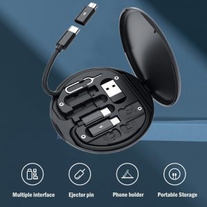 USB C Adapter Cable Kit, Multi Charging Cable Case Convertor USB C to iOS Device/Type C/Micro/USB A Adapter, Data Transfer Contains Card Slot for Traveling, Use as Phone Holder (Black)