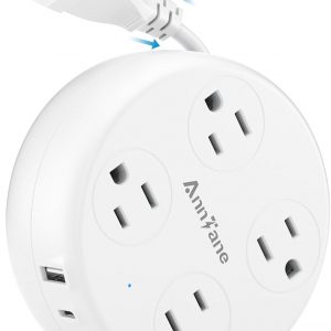 European Travel Plug Adapter – Retractable Power Strip with 4 AC Outlets & 3 USB Ports (USB-C), Type C Adapter for US to Most of Europe Iceland Spain Italy France Germany and More (White)
