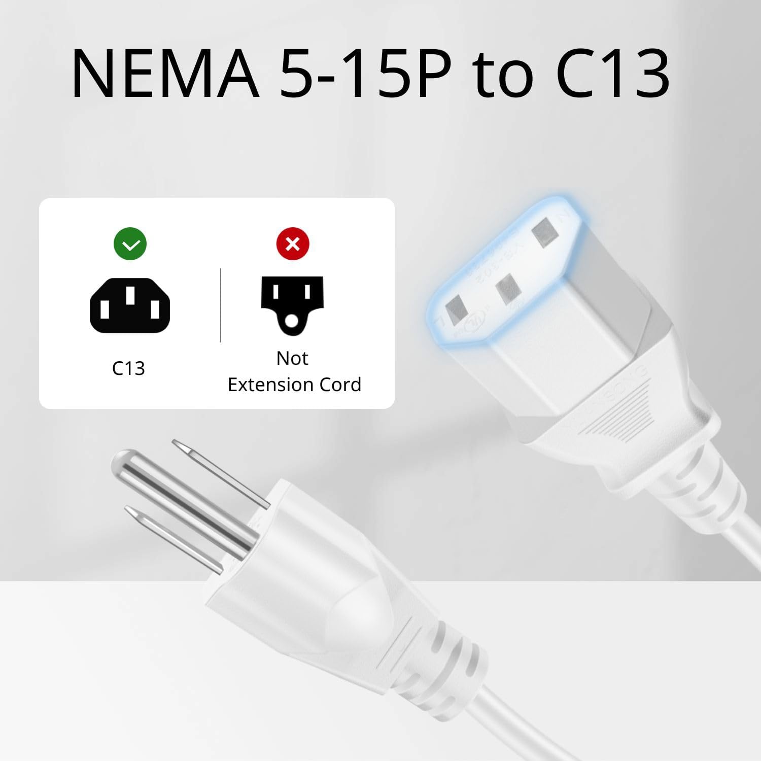 TNP Universal Power Cord (10 Feet) - NEMA 5-15P to IEC320C13 Power Cable Wire Connector Socket Plug Jack - White - Image 3