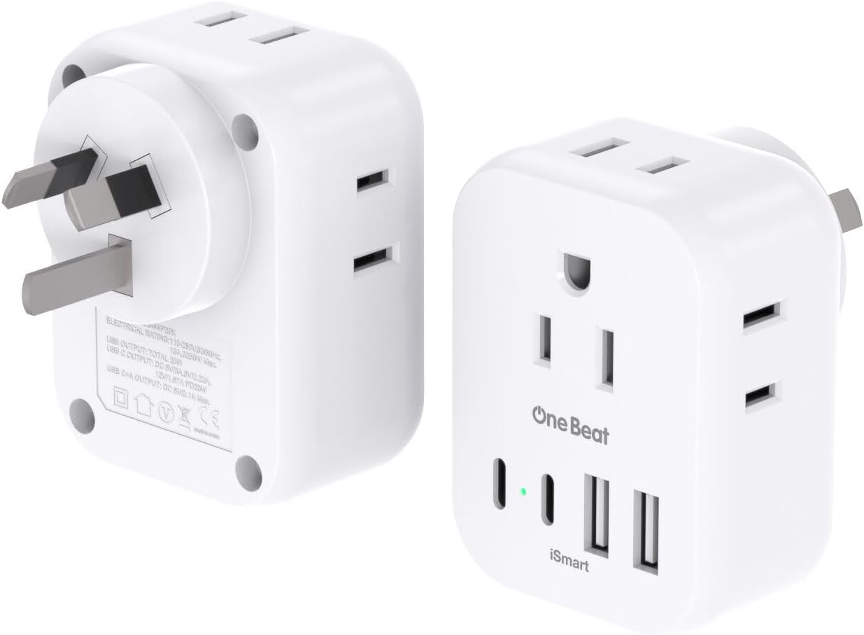 2 Pack PD 20W US to Australia Power Plug Adapter, New Zealand Power Adapter with 4 Outlets 4 USB Ports(2 USB C), Type I Plug Adapter for USA to Australian AU China Argentina Fiji Travel Essentials
