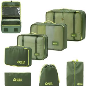 8 Piece Packing Cubes Set with Hanging Toiletry Bag – Water-Resistant Compression Travel Organizers for Airplane Travel Essentials, Lightweight Luggage Storage for Carry On Suitcase (Green)