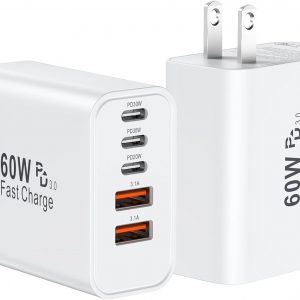 USB C Fast Charger Block, 60W USBC Wall Charger Plug, 2Pack 5-Port Type C Phone Charging Cubes Power Adapter Multiport Brick for iPhone 17/16/15/14/13/12/11/Pro Max/Plus/Air, iPad mini/Pro,Galaxy S25