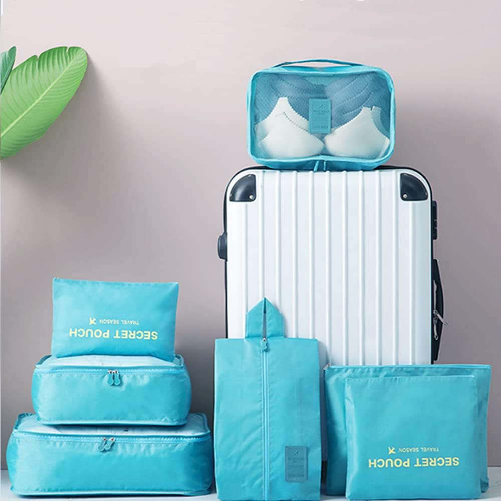 7 Set Packing Cubes, Travel Foldable Luggage Organizers Storage Bag Accessories Suitcase with Laundry Bag & Shoe Bag, Blue - Image 3