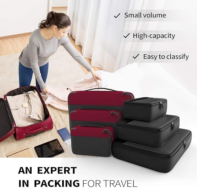 Packing Cubes Organizer Bags For Travel Accessories Packing Cube Compression 6 Set For Luggage Suitcase (Black Red) - Image 4