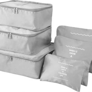 6 Set Packing Cubes and Laundry Pouch – Travel Storage Bag Organizers for Luggage, Carry-On Suitcase Clothes Compression (Light Grey)