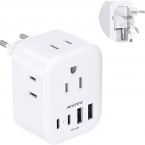 European Travel Plug Adapter, HANYCONY Foldable International Power Adapter, Type C Adapter with 4 Outlets 4 USB Ports (2 USB C) for US to Most of Europe EU Italy Spain Greece Portugal France Germany