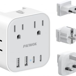European Travel Plug Adapter Set, 8-in-1 Travel Adapter with 4 Outlets, 4 USB Ports (2 USB C), US to UK/EU Universal Travel Adapter, International Power Adapter with Type G/E/F/C Detachable Plugs