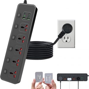 Flat Plug Power Strip with Individual Swtich, Jumpso 6ft Universal Extension Cord with 5 Outlets and 2 USB 4 USB C Ports, Max 3000w, 110-240v, Multiple Outlets Plug Adapter for Office Travel