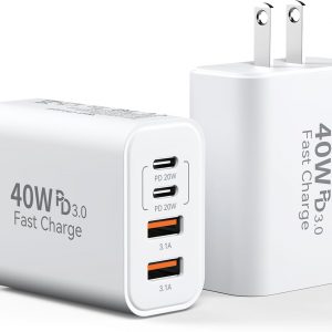 USB C Charger Block, 40W 4 Ports Type C Fast Phone Charging Blocks Cube PD USBC Wall Plug+QC 3.0 USB A Charger Brick Box Power for iPhone 17/16/15/14/13/12 Pro Max, iPad, Samsung Galaxy, Pixel, 2Pack