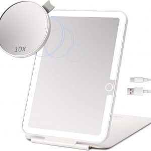 Rechargeable Travel Makeup Mirror with Lights, Portable Lighted Regular Mirror with Small 10X Magnification, 70 LEDs 3 Color Dimmable, Tabletop Folding Compact Cosmetic Mirror