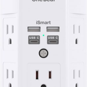 One Beat 1680J 3 Side Power Strip Multi Plug Expander, Surge Protector, 5 Outlets Extender, 4 USB Ports (USB C), Wall Mount Charger, Outlet Splitter Adapter for Home, Travel, Office, ETL Listed, White