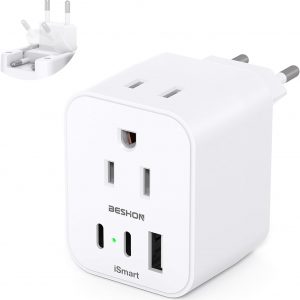 European Travel Plug Adapter, Foldable International Travel Adapter with 2 AC Outlets 3 USB Ports(2 USB C), Type C Plug Adapter Travel Essentials to Most Europe EU Spain Italy France Germany