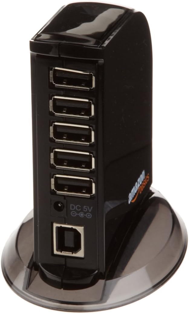 Amazon Basics 7 Port USB 2.0 Hub Tower with 5V/4A Power Adapter, Black - Image 2