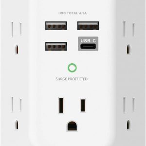 Addtam USB Wall Charger Surge Protector 5 Outlet Extender with 4 USB Charging Ports (1 USB C Outlet) 3 Sided 1800J Power Strip Multi Plug Outlets Wall Adapter Spaced for Home Travel Office ETL Listed