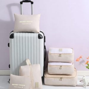 Fxkoolr 7 Set Packing Cubes, Packing Organizers Travel Foldable Luggage Organizers Storage Bag Accessories for Suitcase with Laundry Bag & Shoe Bag, Beige