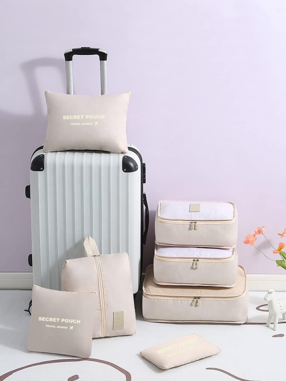 Fxkoolr 7 Set Packing Cubes, Packing Organizers Travel Foldable Luggage Organizers Storage Bag Accessories for Suitcase with Laundry Bag & Shoe Bag, Beige - Image 2