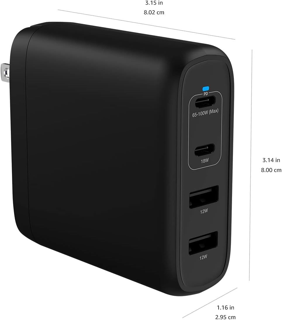 Amazon Basics 100W Four-Port GaN Wall Charger w/ 2 USB-C (100W,18W) & 2 USB-A Ports (12W) w/PD for Laptops, Tablets & Phones (iPhone 16/15/14/13/12/11/X, iPad, Mac, Samsung, and More), Non-PPS, Black - Image 6