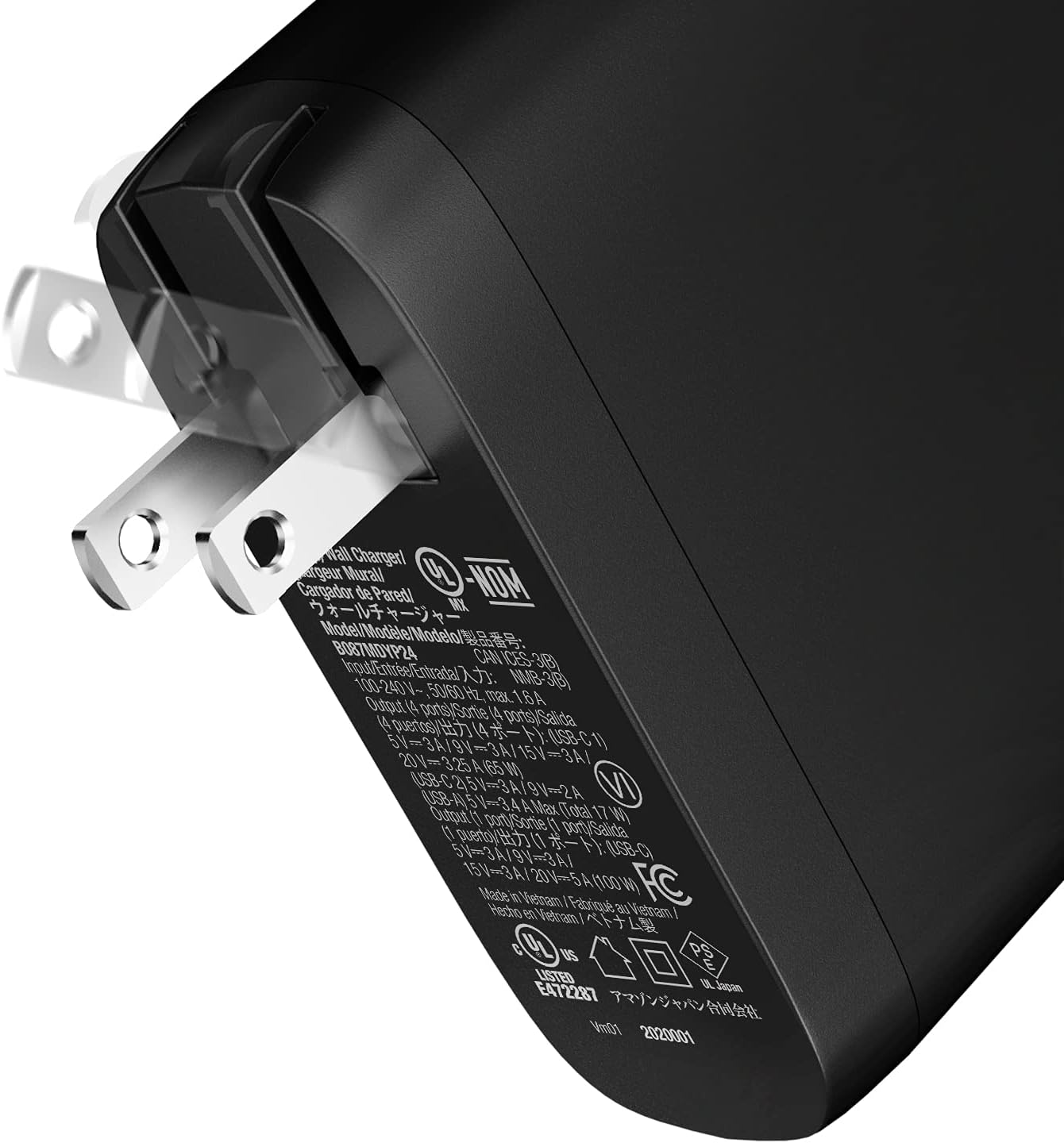 Amazon Basics 100W Four-Port GaN Wall Charger w/ 2 USB-C (100W,18W) & 2 USB-A Ports (12W) w/PD for Laptops, Tablets & Phones (iPhone 16/15/14/13/12/11/X, iPad, Mac, Samsung, and More), Non-PPS, Black - Image 3