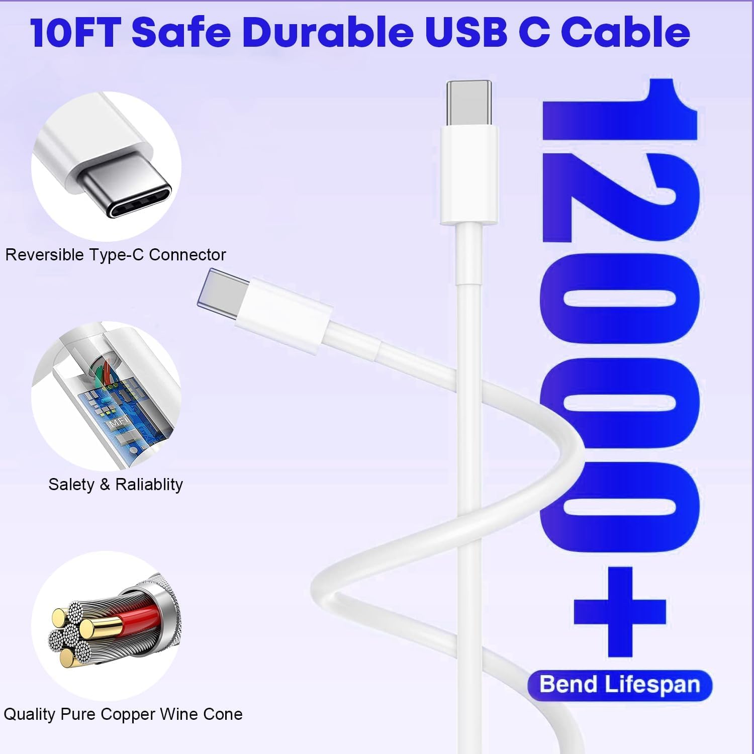 Fast Charger for iPhone 17/16/15 Charger,10FT Extra Long Fast Charging 3Pack Block USB-C to USB C Fast Charging Cable Cord for iPhone Air/17 Pro Max/iPhone 16 Pro/16 Plus/15 Pro Max,iPad Pro/Air/Mini - Image 5