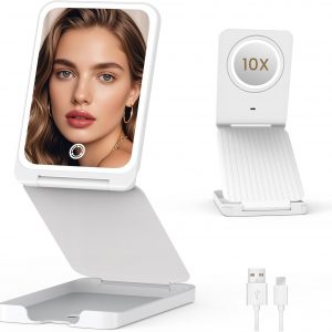 Travel Makeup Mirror with Lights, Foldable 1X Vanity Lighted Mirror with 10X Magnification, Rechargeable 1500mAh, Dimmable Touch Screen, Freely Adjust Height and Angle