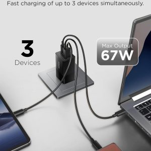 Lenovo 67W USB-C Charger, 3-Port Multi-Device Fast Charging, Advanced GaN Charger Block, Compact Fast Wall Charger, for MacBook Pro/Air, Dell XPS, iPhone 16 Series, Samsung Galaxy, and More