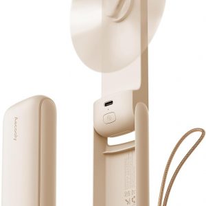 Aecooly Slim Portable Fan, Thin Handheld Fan, USB Rechargeable Mini Personal [24H Max Cooling Time], Battery Powered Small Foldable Pocket for Travel, Summer, Gifts for Women, Girls -Beige