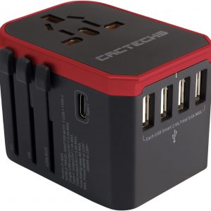 International Universal Travel Adapter Worldwide 4 USB 1 Type C Travel Charger, EU UK European Travel Plug Adapter Europe Power Outlet Converter, Travel Essentials Accessories – Red