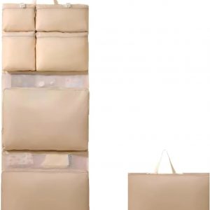 Zhaocaicrab Hanging Travel Organizer Bag with 8 Pockets – Large Capacity Luggage Clothing Organizer, Mesh & Zipper Compartments for Suitcase, Hotel & Car (beige)