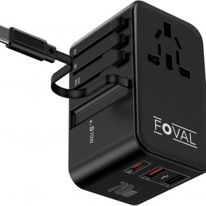 FOVAL European Travel Plug Adapter, Universal Travel Adapter with Retractable USB C Cable, All-in-one International Power Adapter for Europe Italy UK US AUS (70W)