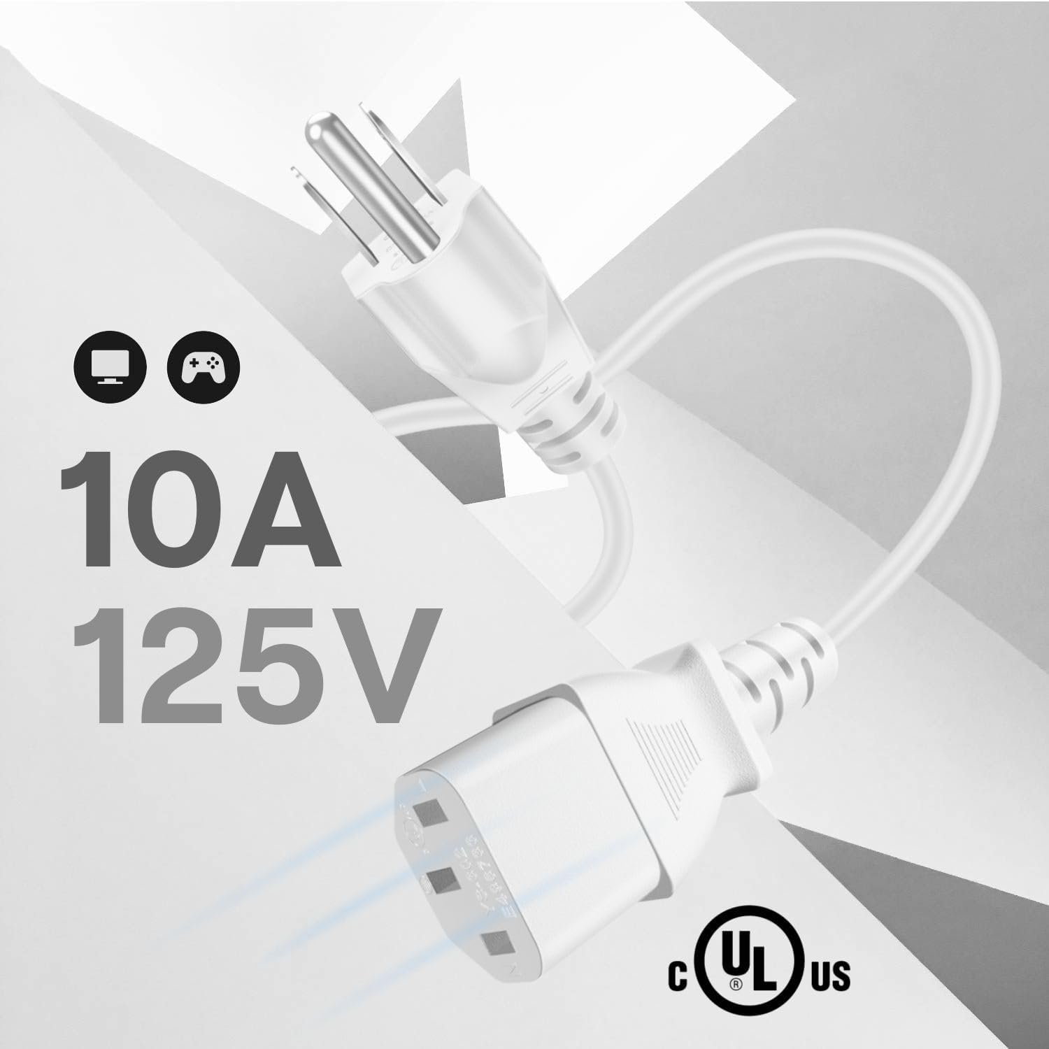 TNP Universal Power Cord (10 Feet) - NEMA 5-15P to IEC320C13 Power Cable Wire Connector Socket Plug Jack - White - Image 2