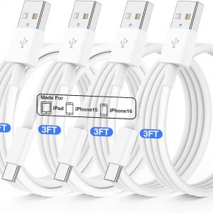 4 Pack USB C Fast Charging Cable 3FT For iPhone 17 16 15/17 16 15 Pro/16 15 Pro max/16 15 Plus,USB A to USB C Car Carplay Cord compatible Samsung Galaxy S25 S24, iPad Pro 12.9/11,Air 5th/4th Gen