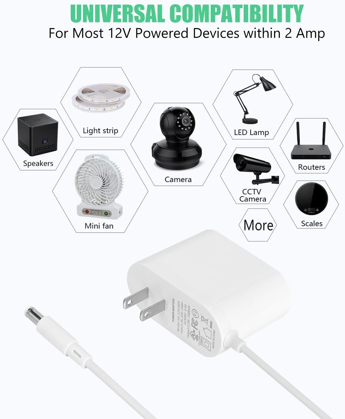 Wefomey 12V 2A Power Supply Adapter, UL-Listed, 240V AC to 12V DC Adapter Transformer, 12 Volt 2 Amp 24W Wall Charger for LED Strip Lights, Security Camera, 5.5x2.1mm US Plug - Image 6