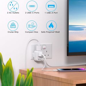 UK Travel Plug Adapter, HANYCONY US to UK Type G Ireland Travel Adapter 2 Outlets 3 USB Ports(2 USB C), UK Power Adaptor for USA to Dubai England London Scotland British Kenya Irish Hongkong, 2 Pack