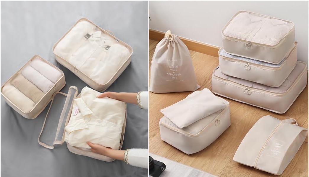 7 Set Travel Luggage Organizer, Sturdy and Durable,Comfortable Handles, Wash and Makeup Separate Storage Bag (Beige, 7 Set) - Image 3