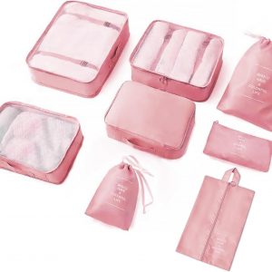 8 Pieces Mesh Packing Cubes for Travel, Luggage Packing Organizers Bags Set, Travel Essentials Suitcases Accessories with Laundry Bag, Storage Shoe Bag, Clothing Underwear Bag (Pink, 8 set)