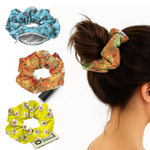 WIRESTER 3Pcs Satin Hair Ties for Women, Pocket Scrunchies with Hidden Zipper Stash Scrunchy Ponytail Holder Secret Storage for Small Items – Ocean Sea Turtles, Daisy Pattern Yellow, Flowers Orange