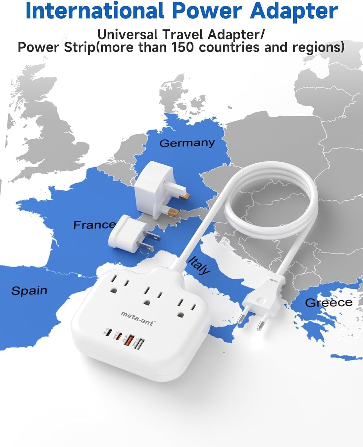 PD30W European Travel Plug Adapter, International Power Adapter with 3 Outlets 2 USB-C and 2 USB-A Fast Charger, Universal Travel Adapter with 3ft Extension Cord for EU US UK Europe France Spain - Image 2