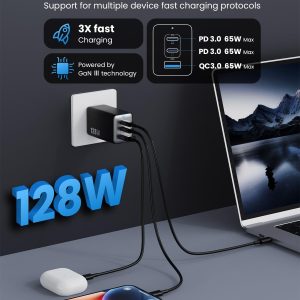 128W USB C Wall Charger,GaN III 3-Port Fast Charging Station,PD QC Foldable Charger Block Portable 65W Laptop Adapter for MacBook Pro/Air,iPad Pro,Galaxy S23,Dell XPS 13,iPhone 17/16/Pro etc