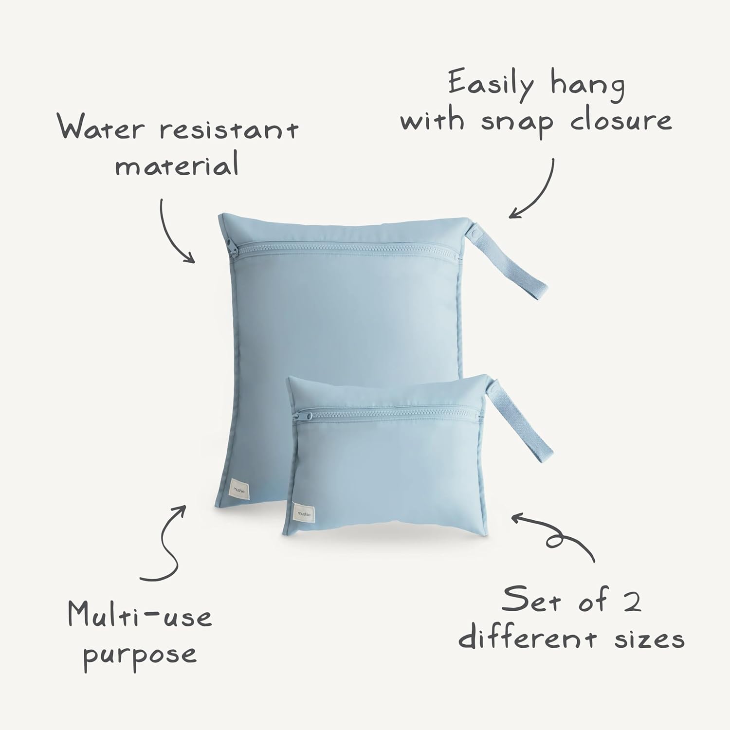 mushie Water Resistant Wet Bags | Large & Small Reusable Storage Bag for Baby Items and Travel | Zippered Pockets with Handle | Machine Washable, Set of 2 (Olive Check) - Image 9